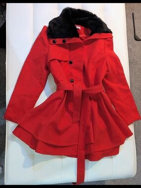 Red Coat with Black Faux Fur Collar
